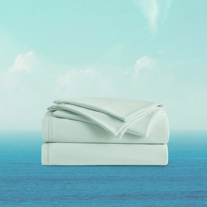 Breescape cooling sheet set in mint green, offering breathable, cold touch comfort for hot sleepers.
