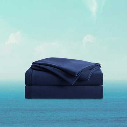 Breescape twilight blue breathable cooling sheets, BlendTek™ fabric for hot sleepers.