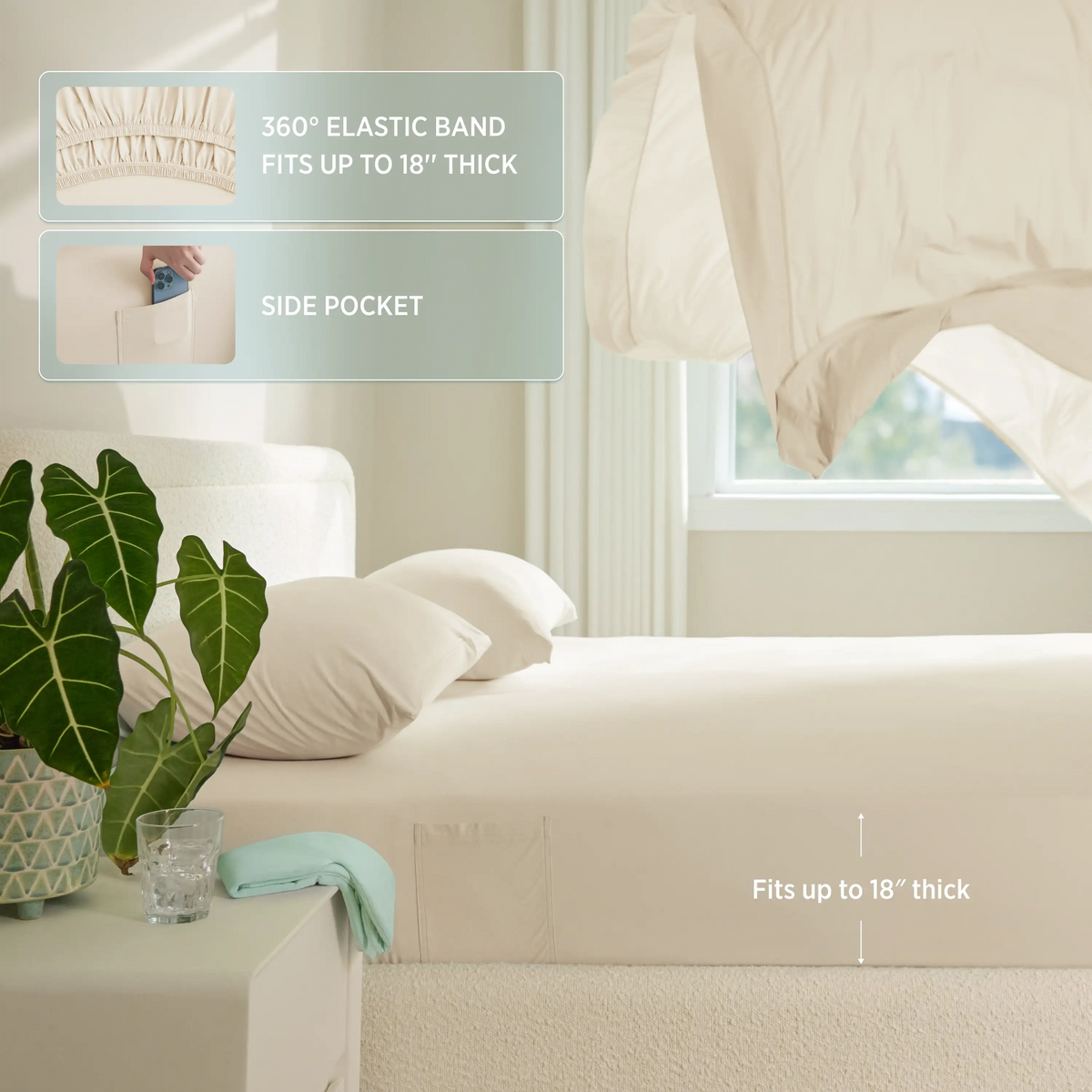 Breescape Misty Grey cooling sheets: 360° elastic fits 18" thick mattresses & side pockets.