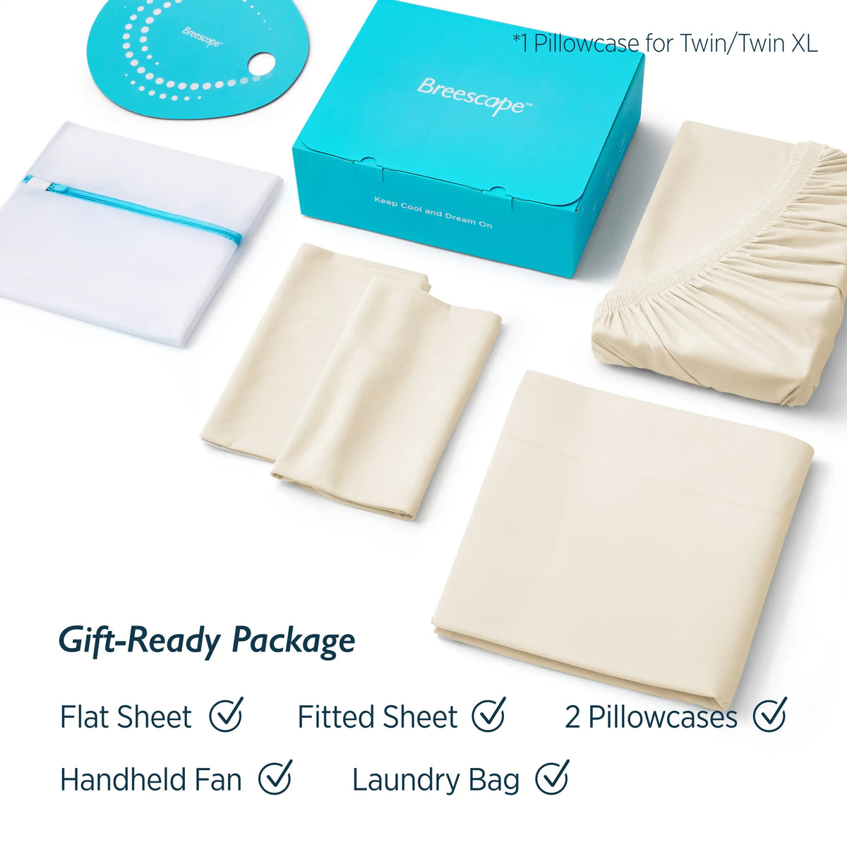 Breescape cooling sheet set in gift packaging, including flat sheet, fitted sheet, and pillowcases in cream.