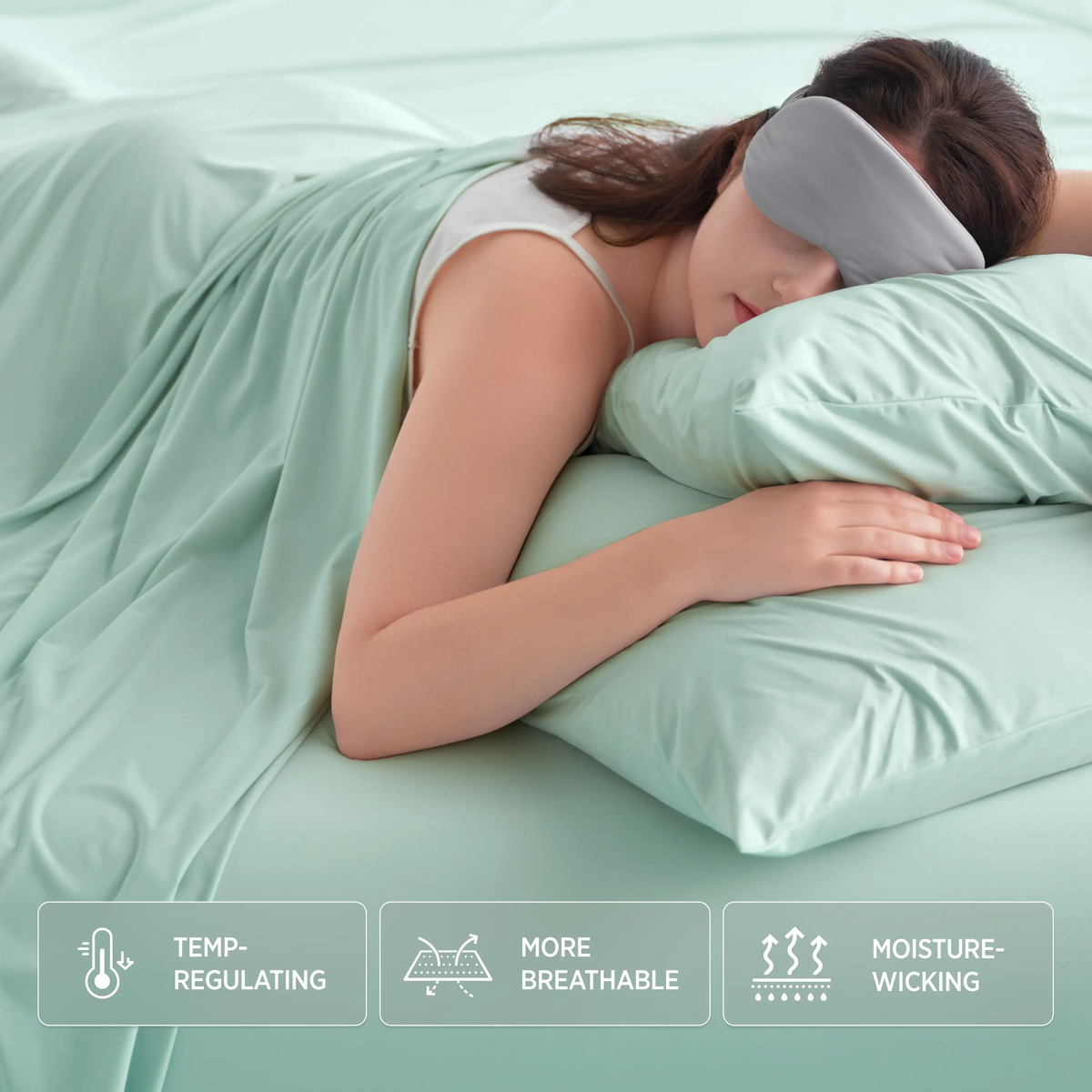 Mint green Breescape cooling sheets: temp-regulating, breathable, moisture-wicking. Ideal for hot sleepers.