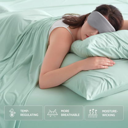 Mint green Breescape cooling sheets: temp-regulating, breathable, moisture-wicking. Ideal for hot sleepers.