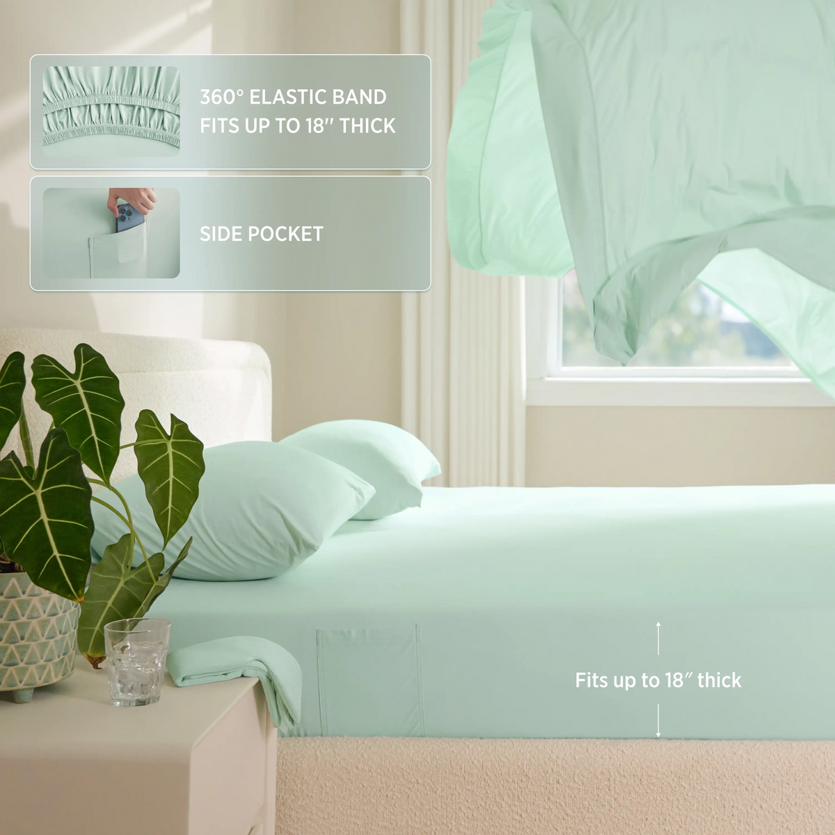 Breescape cooling sheets with 360° elastic band, side pocket, fits up to 18" thick mattress.
