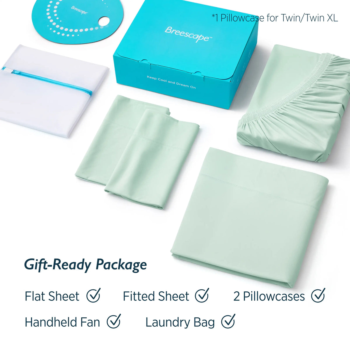 Breescape mint green cooling sheet set gift package with flat sheet, fitted sheet, pillowcases, fan, and laundry bag.