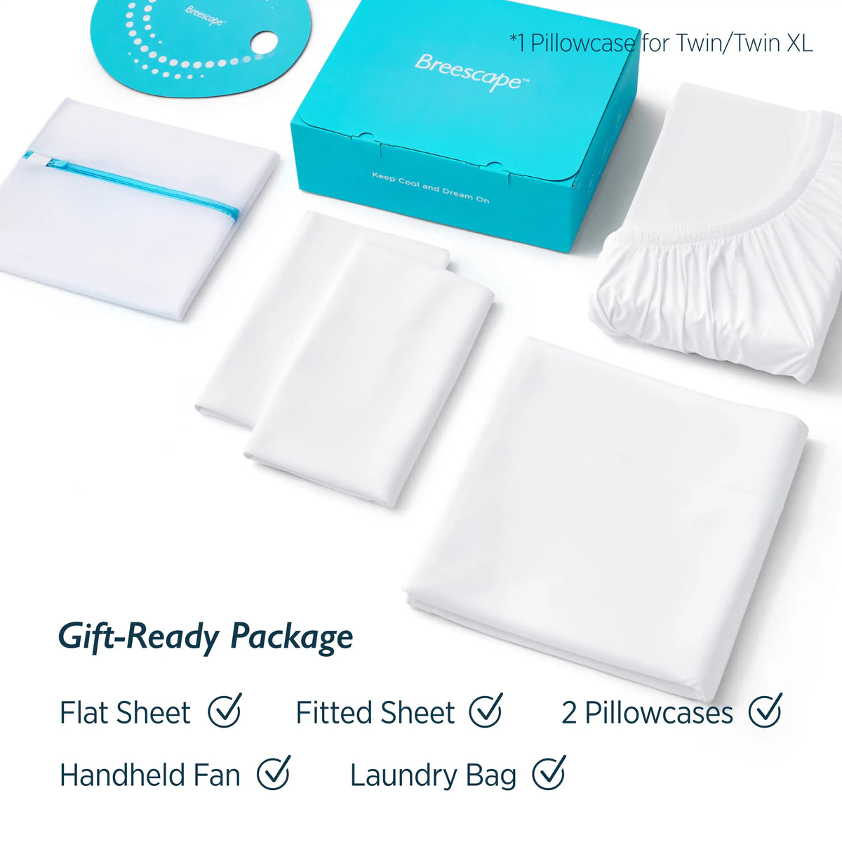Breescape cooling sheet set includes flat sheet, fitted sheet, and pillowcases in gift-ready package.