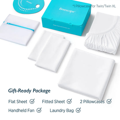 Breescape cooling sheet set includes flat sheet, fitted sheet, and pillowcases in gift-ready package.