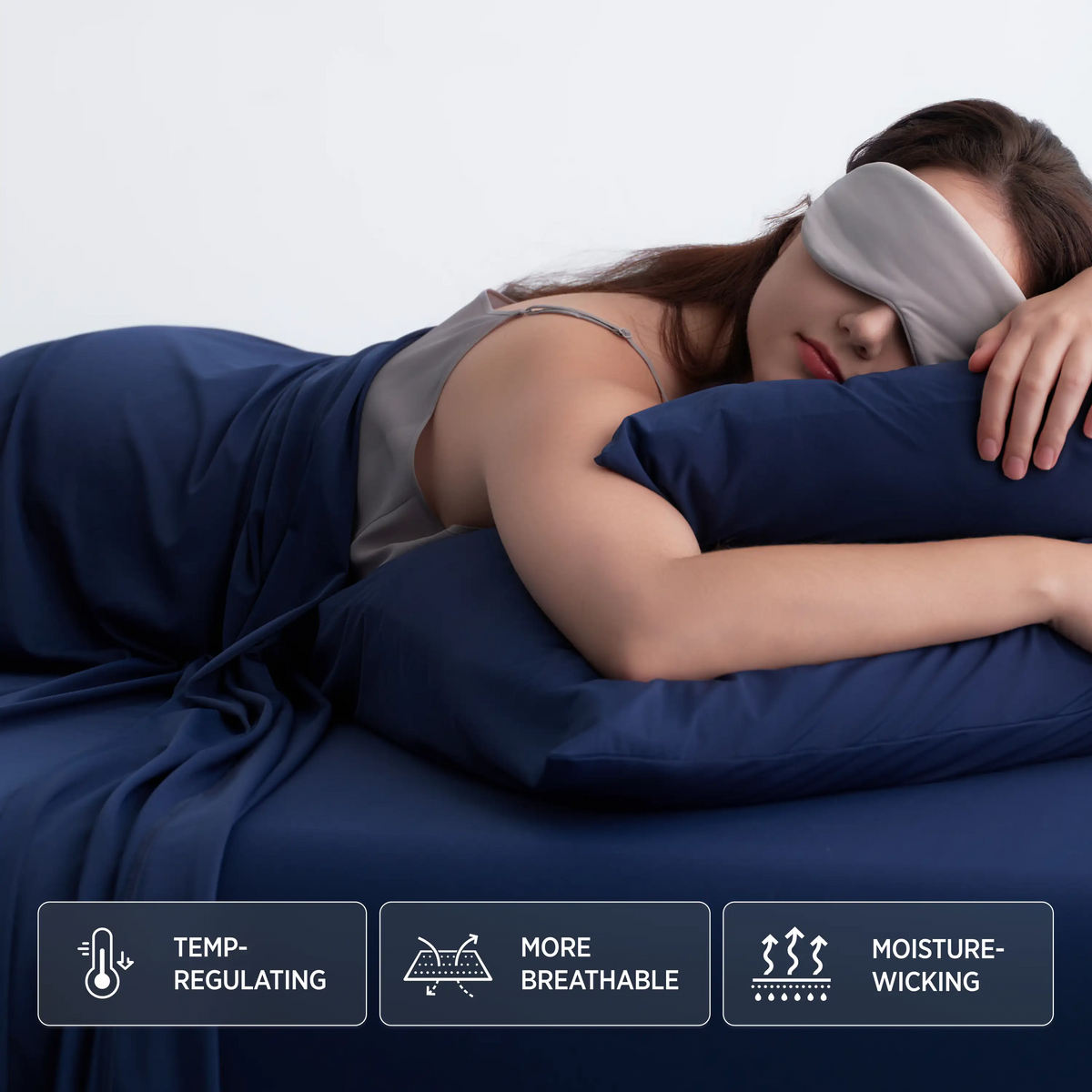 Twilight blue Breescape cooling sheets: temp-regulating, breathable, moisture-wicking. For hot sleepers.
