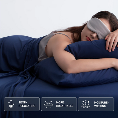 Twilight blue Breescape cooling sheets: temp-regulating, breathable, moisture-wicking. For hot sleepers.