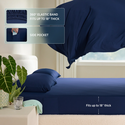 Twilight blue Breescape fitted sheet: 360° elastic fits 18" thick mattresses. Side pocket included.