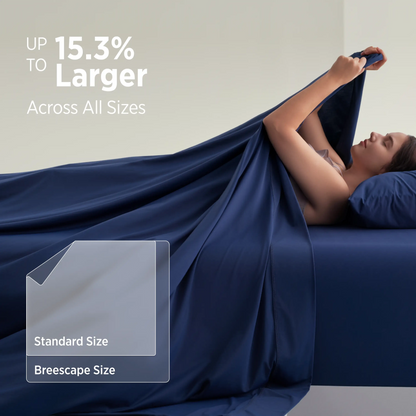 Twilight blue Breescape cooling sheets: "Up to 15.3% Larger" than standard sizes. Side-by-side size comparison shown.
