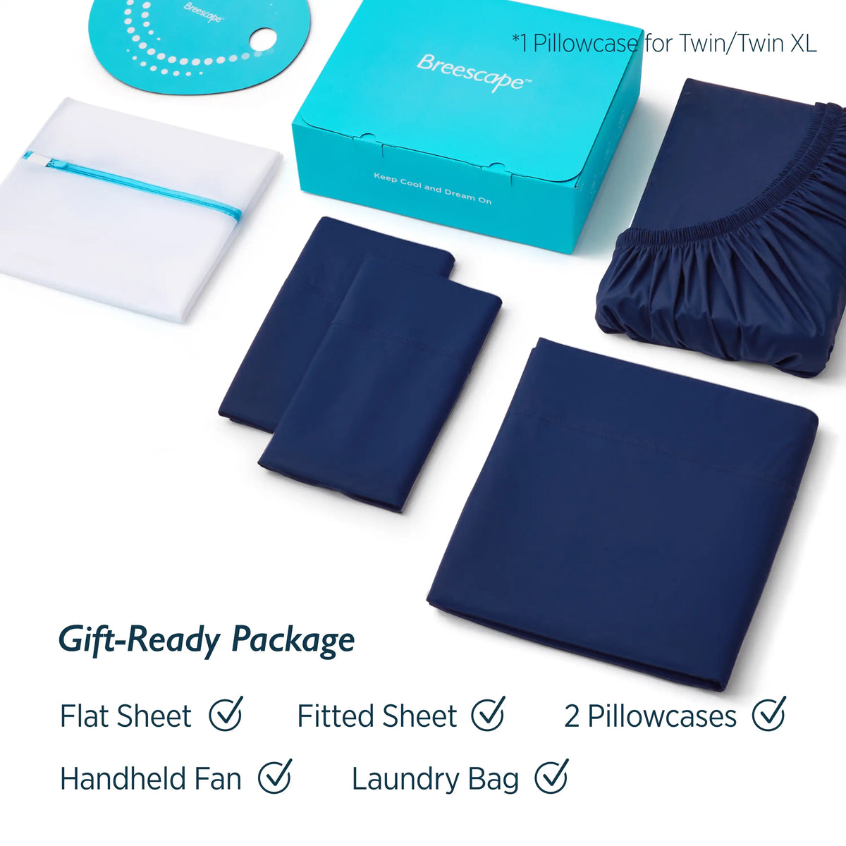 Twilight blue Breescape cooling sheet set gift package with flat sheet, fitted sheet, pillowcases, fan, and laundry bag.
